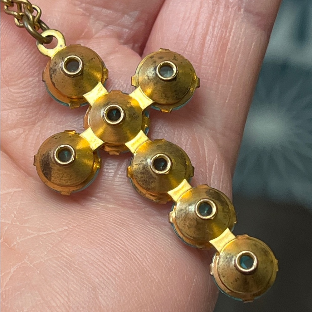 Antique Victorian Religious Aqua Blue Seafoam Paste Gem Gold Gilt Cross Necklace - Picture 5 of 9